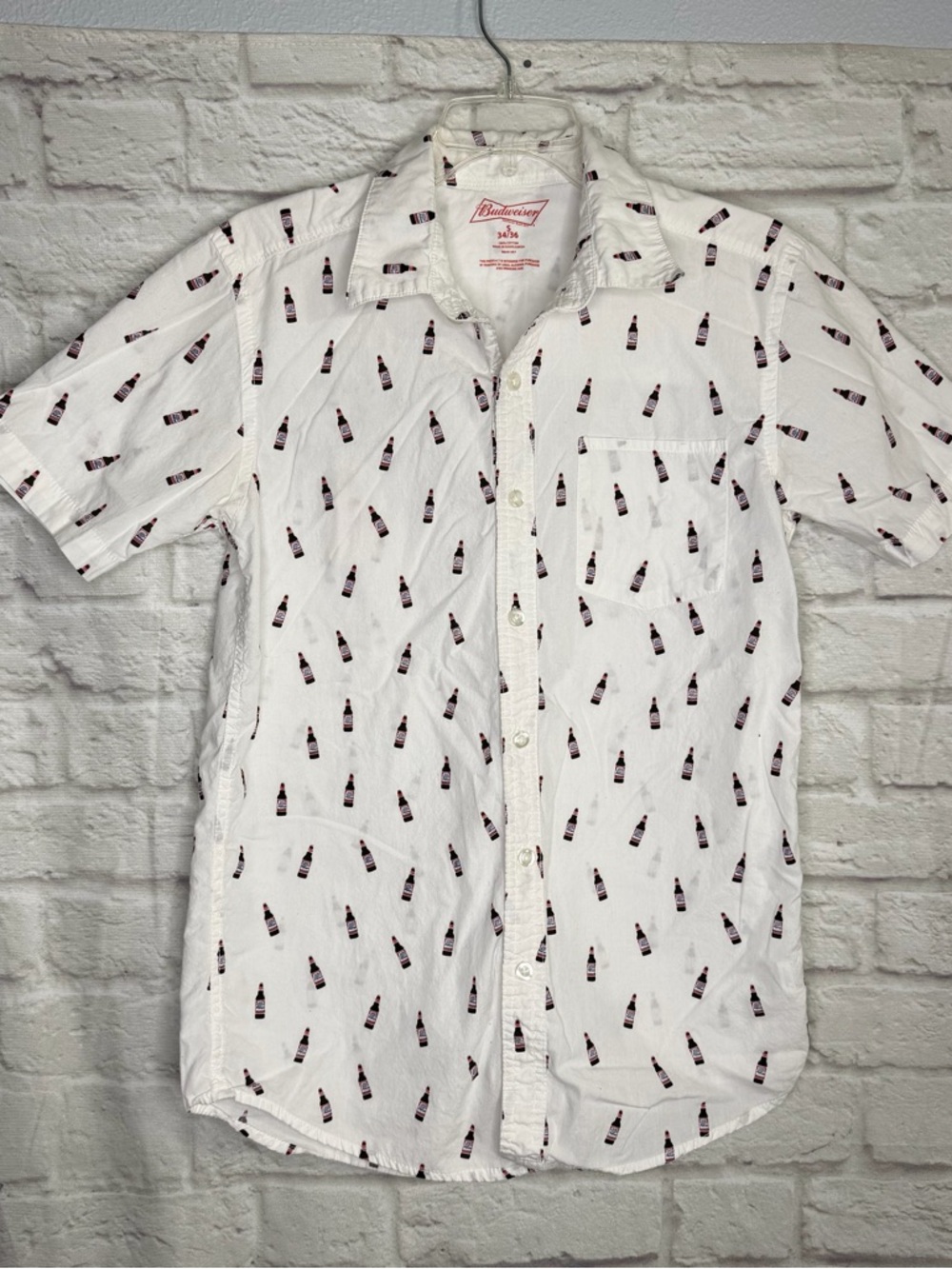 Budweiser Men’s Short-Sleeve White Button-Up Shirt with Bottle Print - Size: S